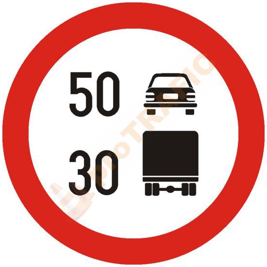 Indicator rutier interzicere sau restrictie C30 Limitare de viteza diferentiata pe categorii de vehicule